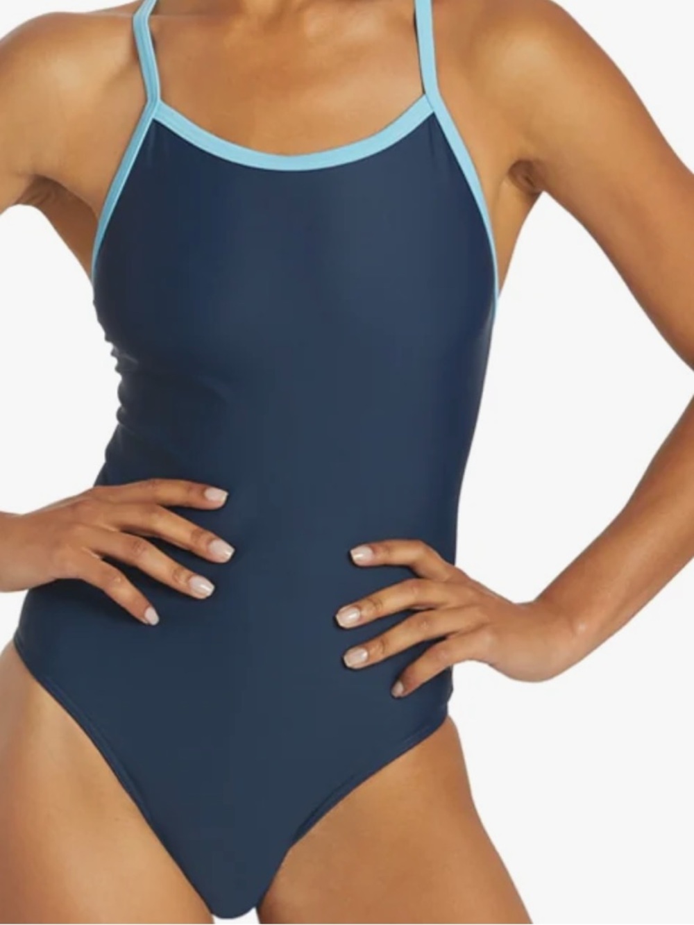 SPORTI Solid Piped Thin Strap One Piece Swimsuit, Navy/light blue, Size 32 NWT